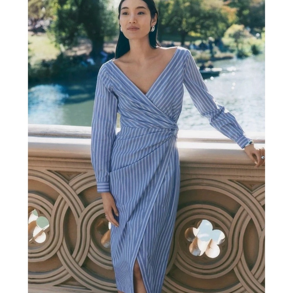 Ann Taylor NEW Striped Faux Wrap Dress 12 Petite Blue White Cotton Long Sleeve - Picture 12 of 12